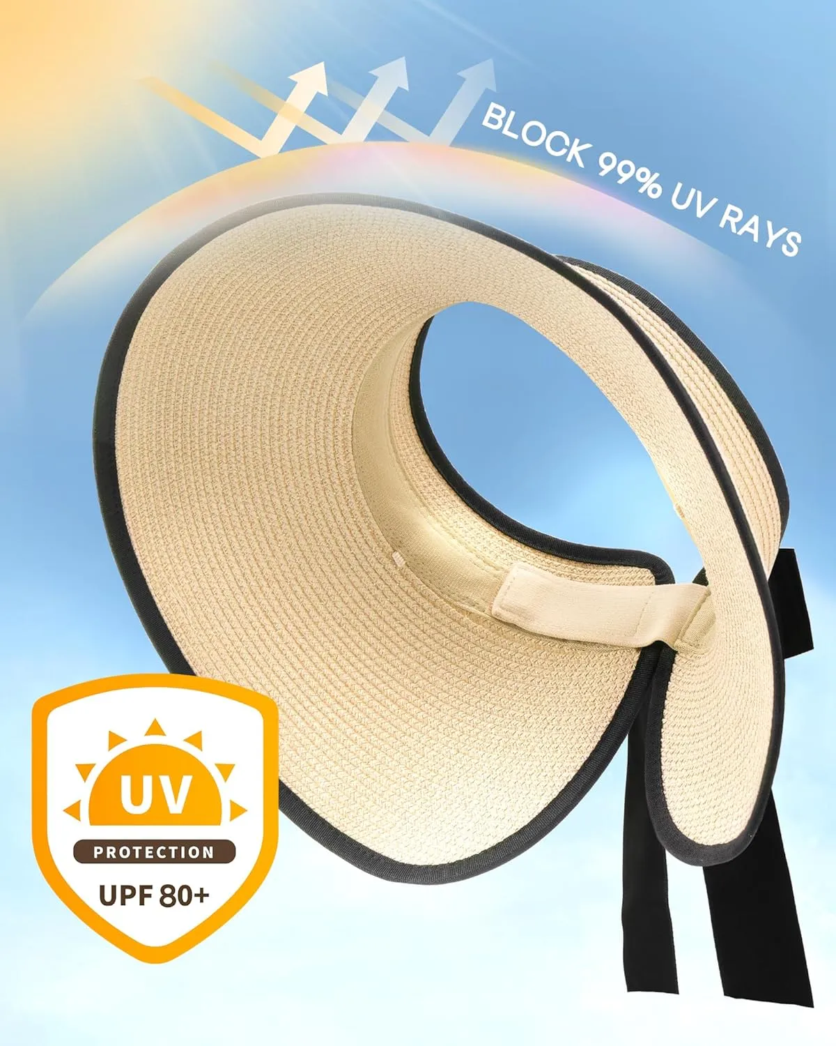 Camptrace Sun Visors for Women Wide Brim Beach Hat Foldable Straw Visor Hat Ponytail Summer Packable UPF 80 