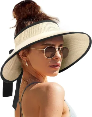 Camptrace Sun Visors for Women Wide Brim Beach Hat Foldable Straw Visor Hat Ponytail Summer Packable UPF 80 