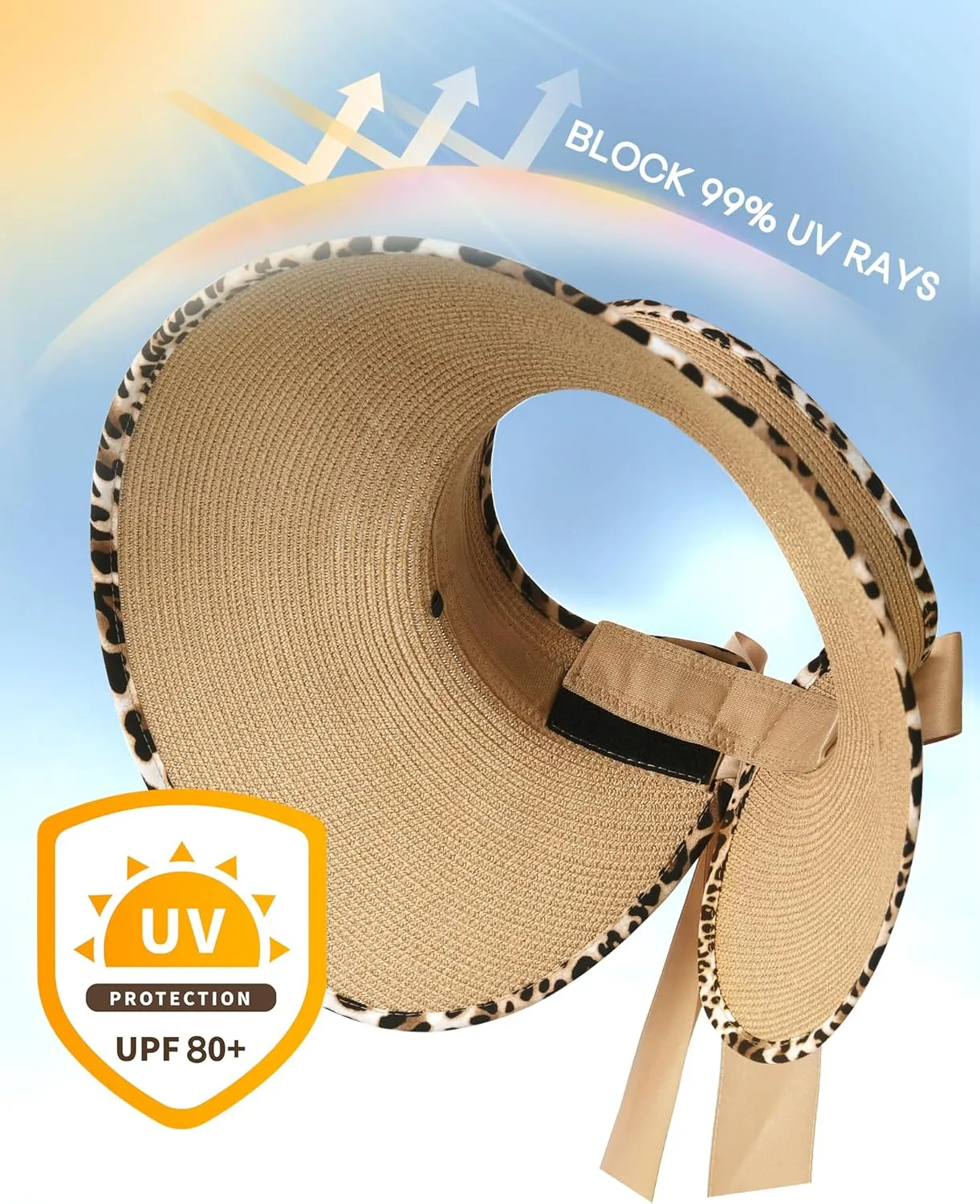 Camptrace Sun Visors for Women Wide Brim Beach Hat Foldable Straw Visor Hat Ponytail Summer Packable UPF 80 