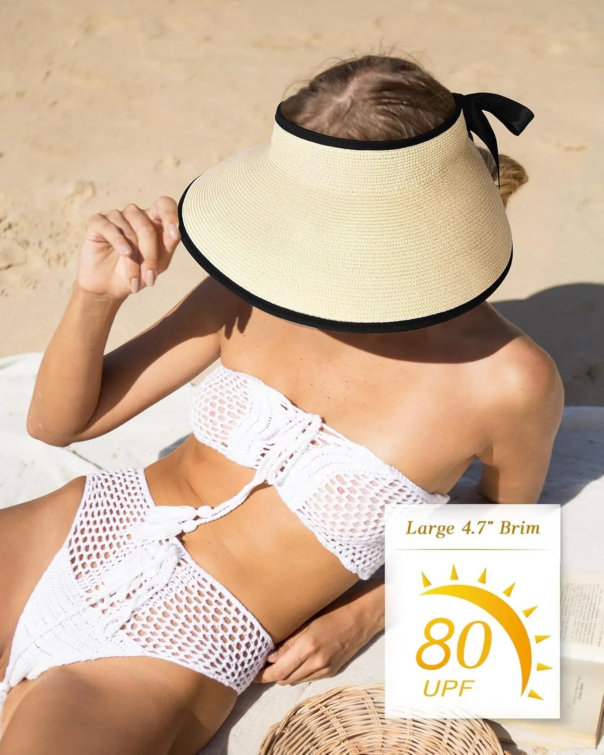 Camptrace Sun Visors for Women Wide Brim Beach Hat Foldable Straw Visor Hat Ponytail Summer Packable UPF 80 