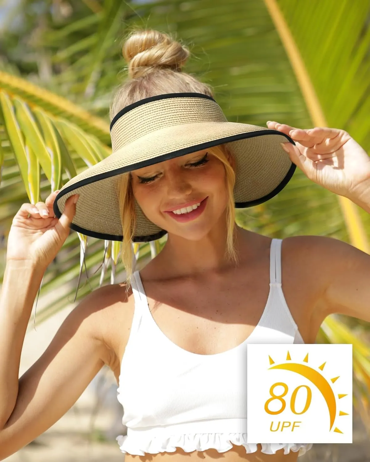Camptrace Sun Visors for Women Wide Brim Beach Hat Foldable Straw Visor Hat Ponytail Summer Packable UPF 80 
