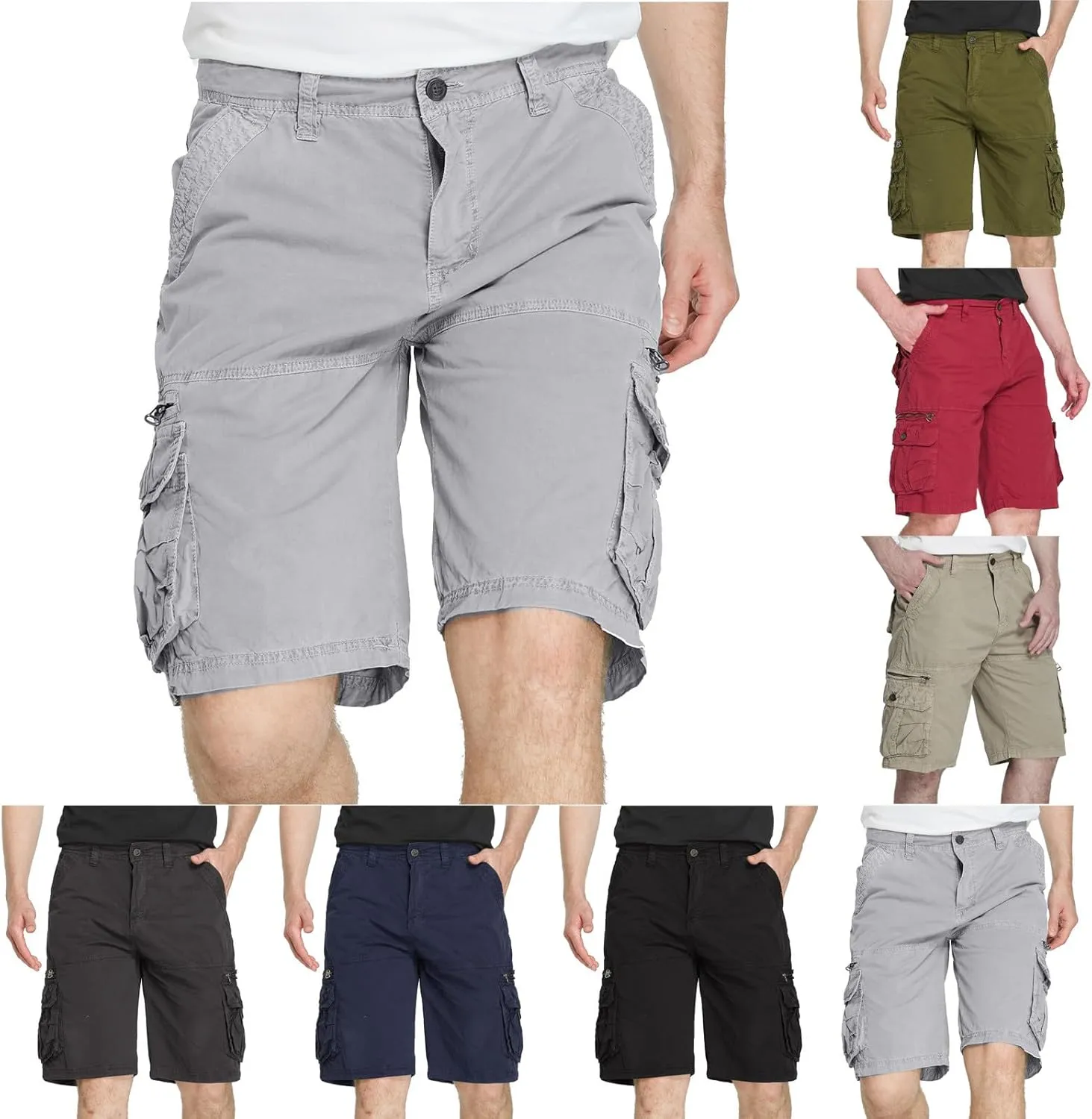 Cargo Shorts for Men Flat Front Summer Outdoors Workwear Slim Fit Trousers Multi Pockets Zipper Straight Leg Shorts