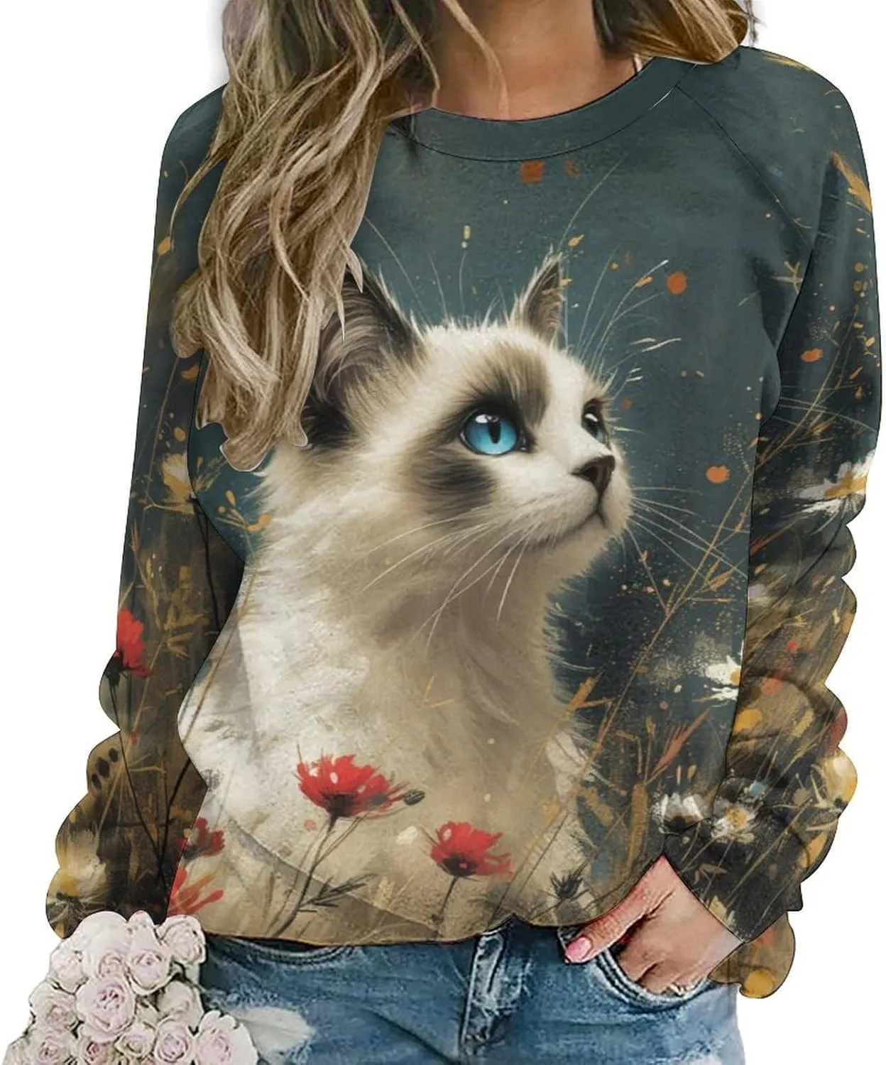 Cat Sweatshirts for Women Cute Cat Sweater Graphic Crewneck Sweatshirts Oversized Novelty Funny Sweatshirts Sweater