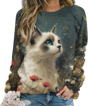 Cat Sweatshirts for Women Cute Cat Sweater Graphic Crewneck Sweatshirts Oversized Novelty Funny Sweatshirts Sweater