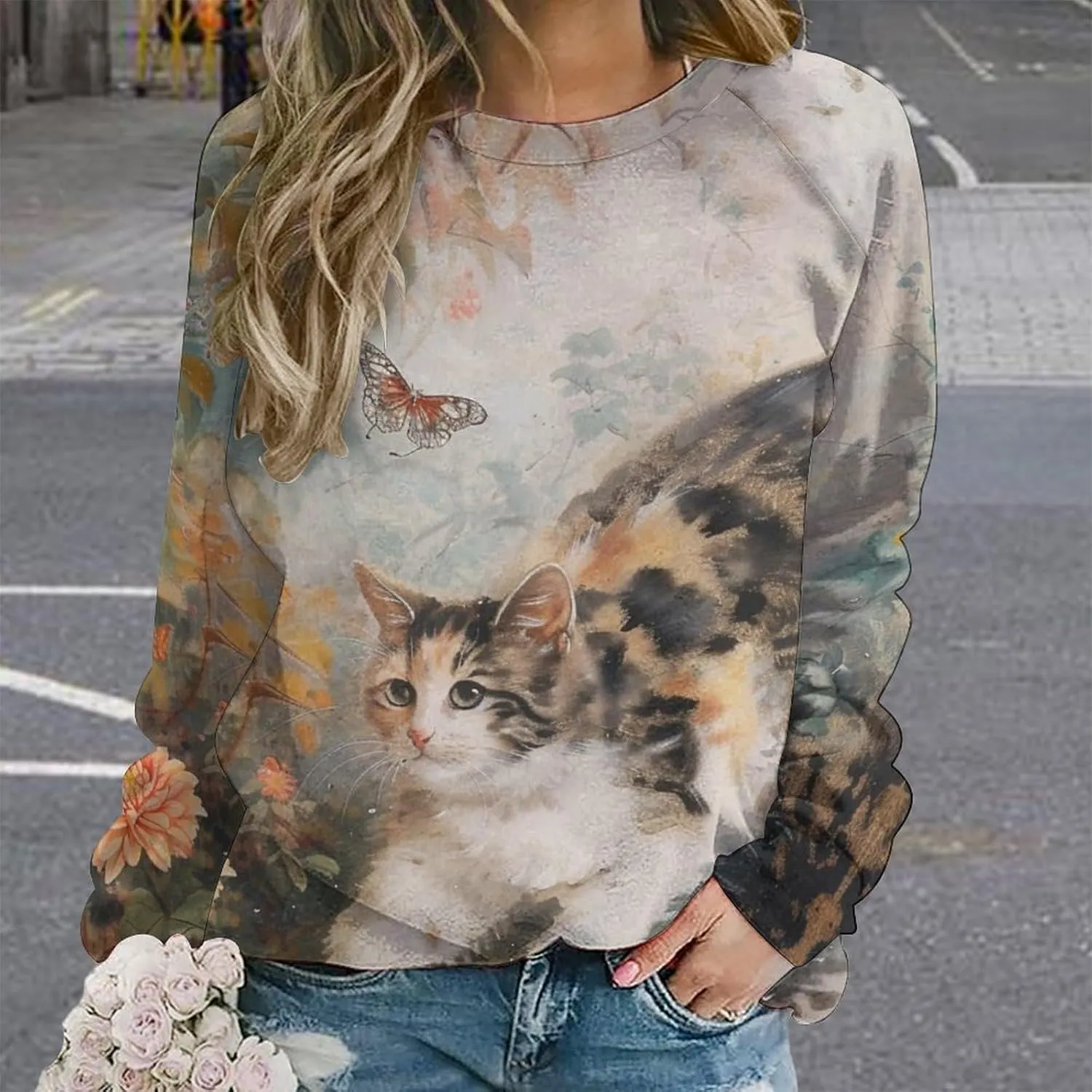 Cat Sweatshirts for Women Cute Cat Sweater Graphic Crewneck Sweatshirts Oversized Novelty Funny Sweatshirts Sweater