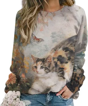 Cat Sweatshirts for Women Cute Cat Sweater Graphic Crewneck Sweatshirts Oversized Novelty Funny Sweatshirts Sweater