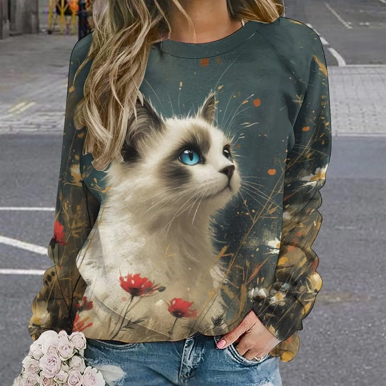 Cat Sweatshirts for Women Cute Cat Sweater Graphic Crewneck Sweatshirts Oversized Novelty Funny Sweatshirts Sweater