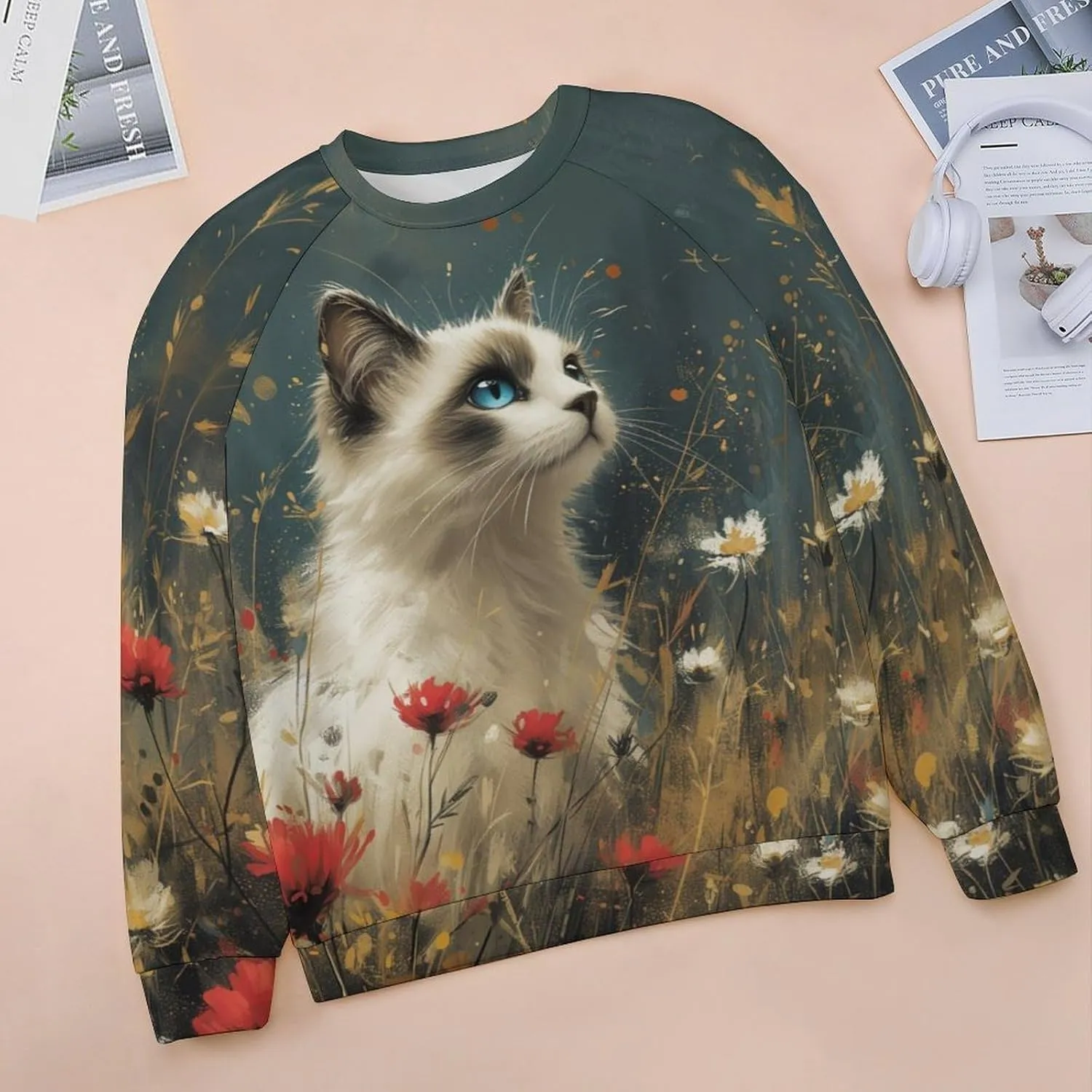 Cat Sweatshirts for Women Cute Cat Sweater Graphic Crewneck Sweatshirts Oversized Novelty Funny Sweatshirts Sweater