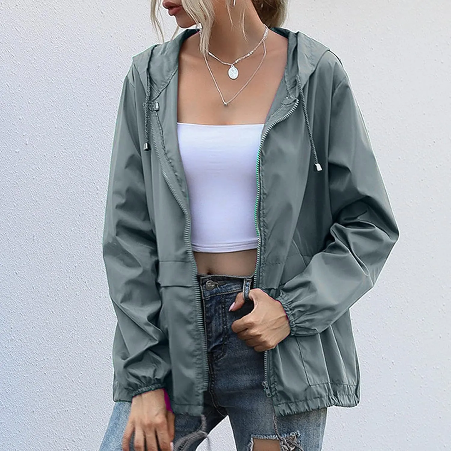 Cdiecer Women's Raincoats Lightweight Rain Jacket Waterproof Windproof Rain Coat Adjustable Hooded Windbreaker with Pockets