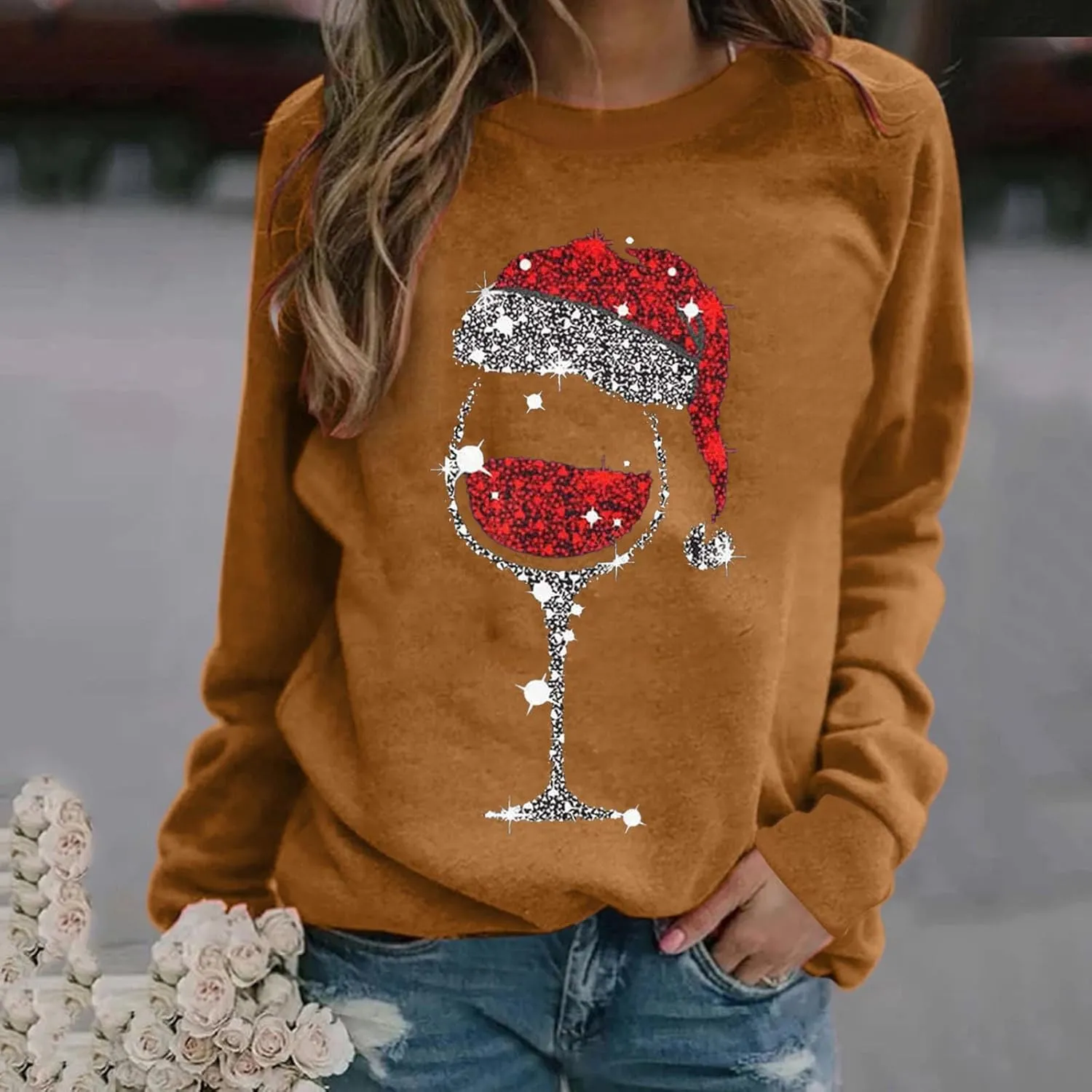 Christmas Sweatshirts for Women Oversized Graphic Pullover Long Sleeve Fleece Lined Shirt Winter Crewneck Sweatshirt
