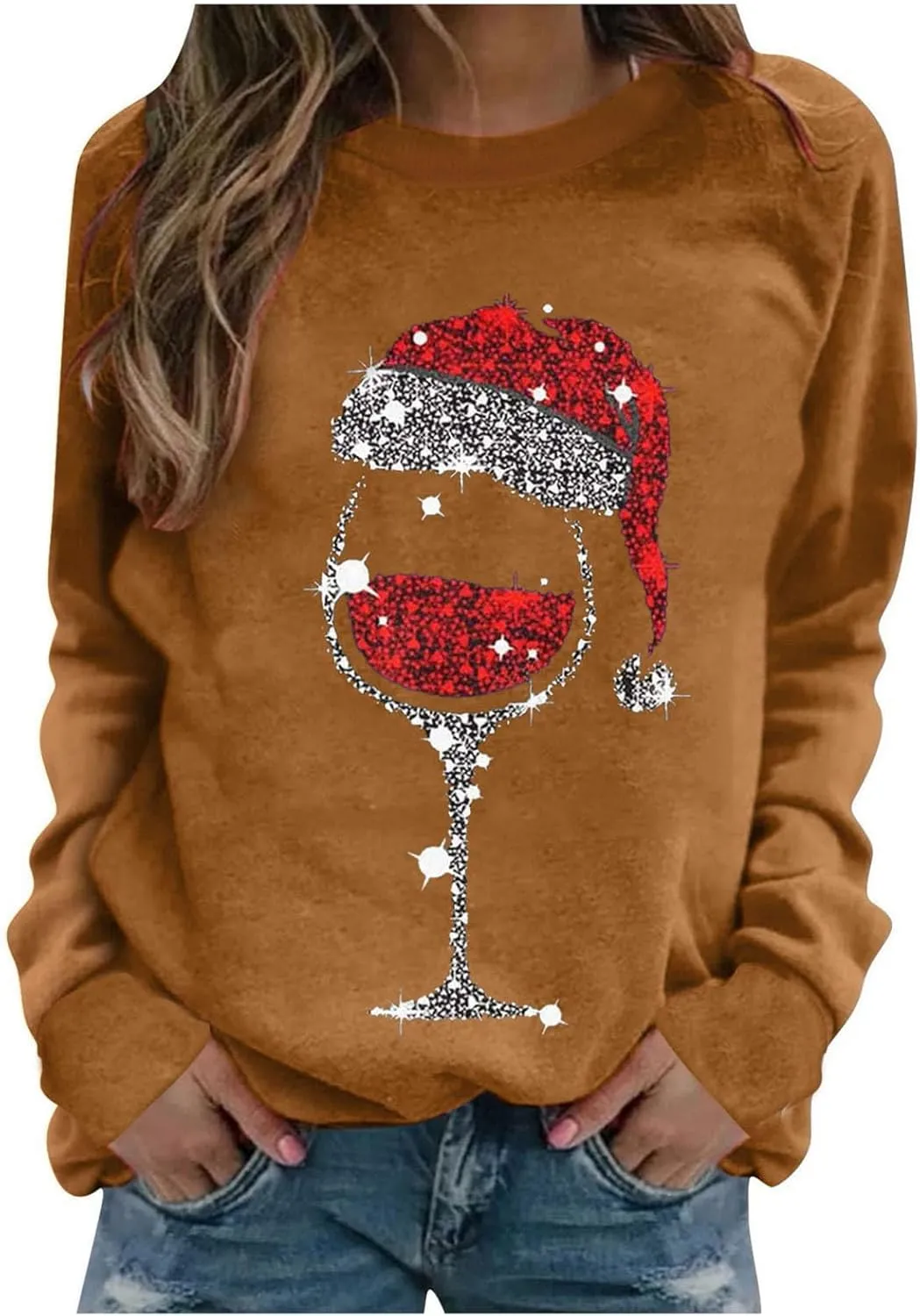 Christmas Sweatshirts for Women Oversized Graphic Pullover Long Sleeve Fleece Lined Shirt Winter Crewneck Sweatshirt