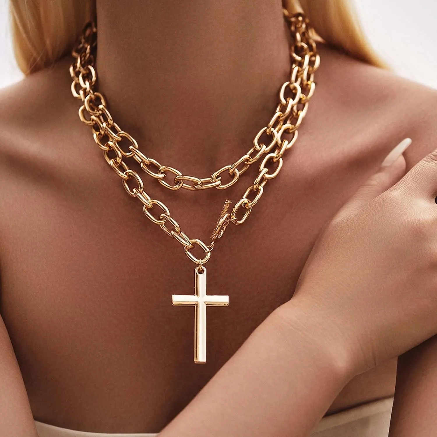 Chunky Cross Necklace for Women Gold Layered Choker Necklace Big Cross Statement Necklaces Large Silver Cros Necklaces