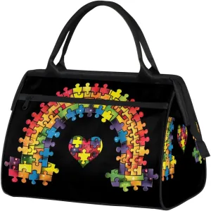Colored Rainbow Heart Autism Weekender Overnight Bag for Women Waterproof Carry On Travel Duffle Bags with Pocket Lightweight Sports Gym Tote Bag Large Luggage Workout Personal Item Hospital Bags