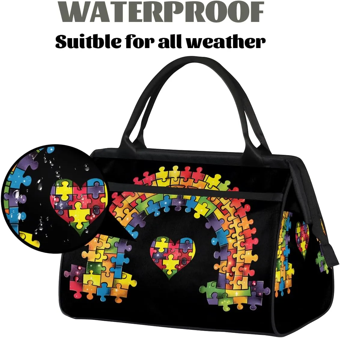 Colored Rainbow Heart Autism Weekender Overnight Bag for Women Waterproof Carry On Travel Duffle Bags with Pocket Lightweight Sports Gym Tote Bag Large Luggage Workout Personal Item Hospital Bags