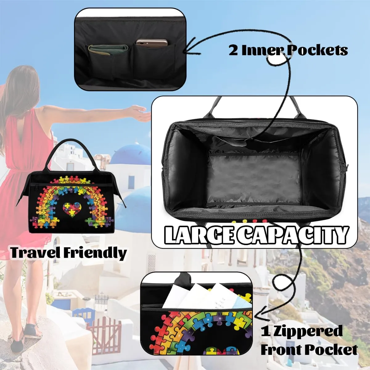 Colored Rainbow Heart Autism Weekender Overnight Bag for Women Waterproof Carry On Travel Duffle Bags with Pocket Lightweight Sports Gym Tote Bag Large Luggage Workout Personal Item Hospital Bags