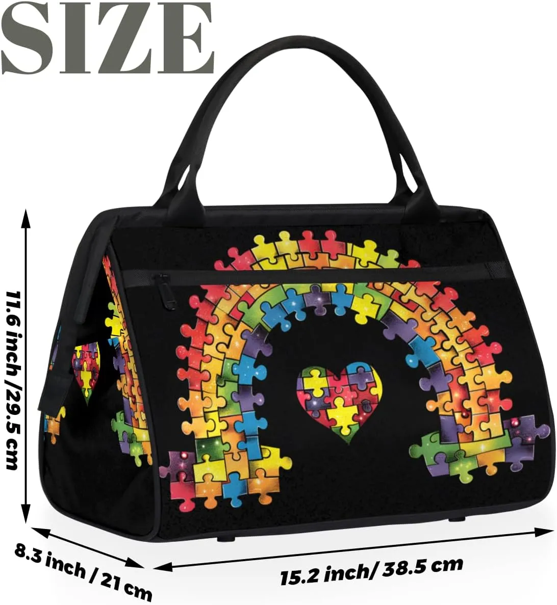 Colored Rainbow Heart Autism Weekender Overnight Bag for Women Waterproof Carry On Travel Duffle Bags with Pocket Lightweight Sports Gym Tote Bag Large Luggage Workout Personal Item Hospital Bags