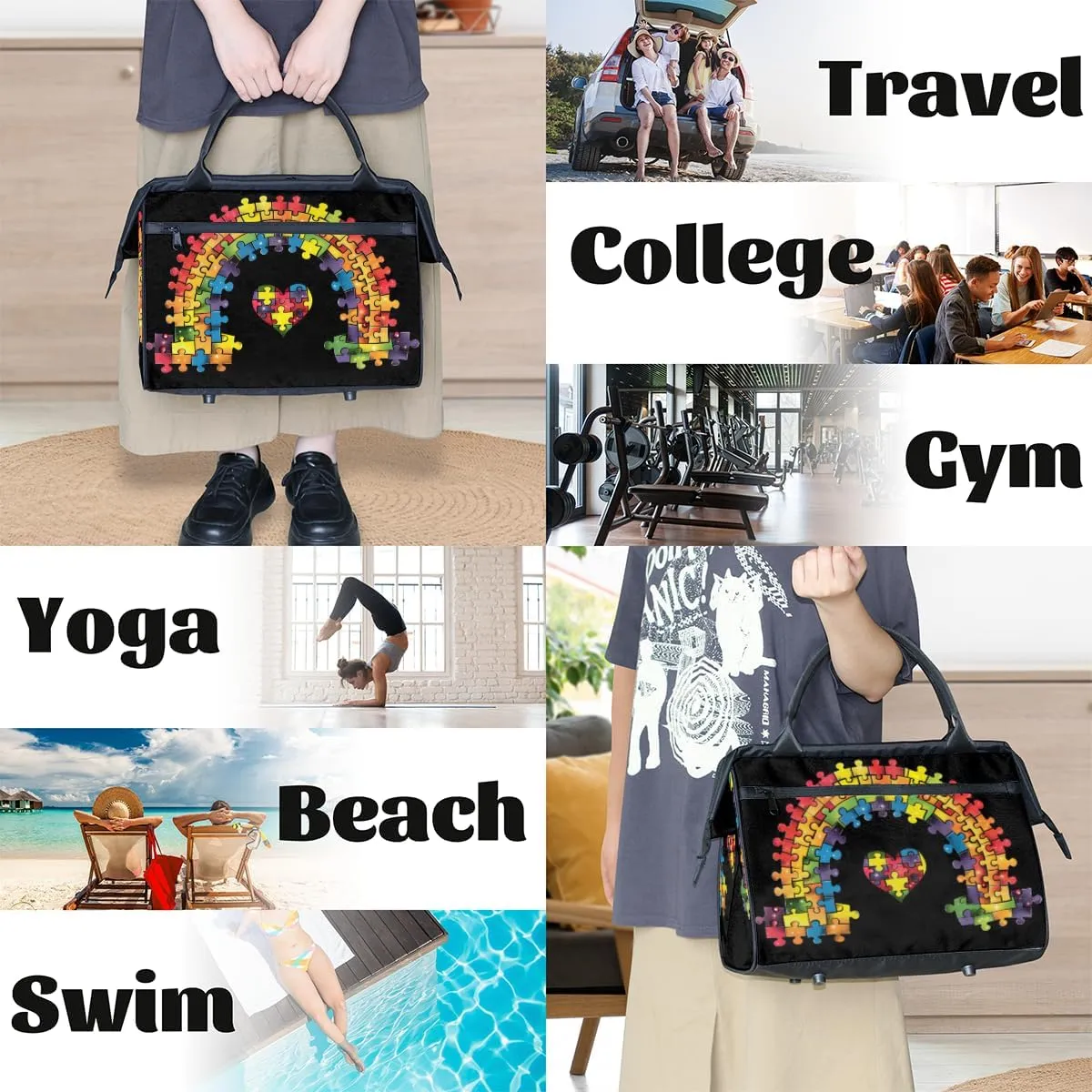 Colored Rainbow Heart Autism Weekender Overnight Bag for Women Waterproof Carry On Travel Duffle Bags with Pocket Lightweight Sports Gym Tote Bag Large Luggage Workout Personal Item Hospital Bags