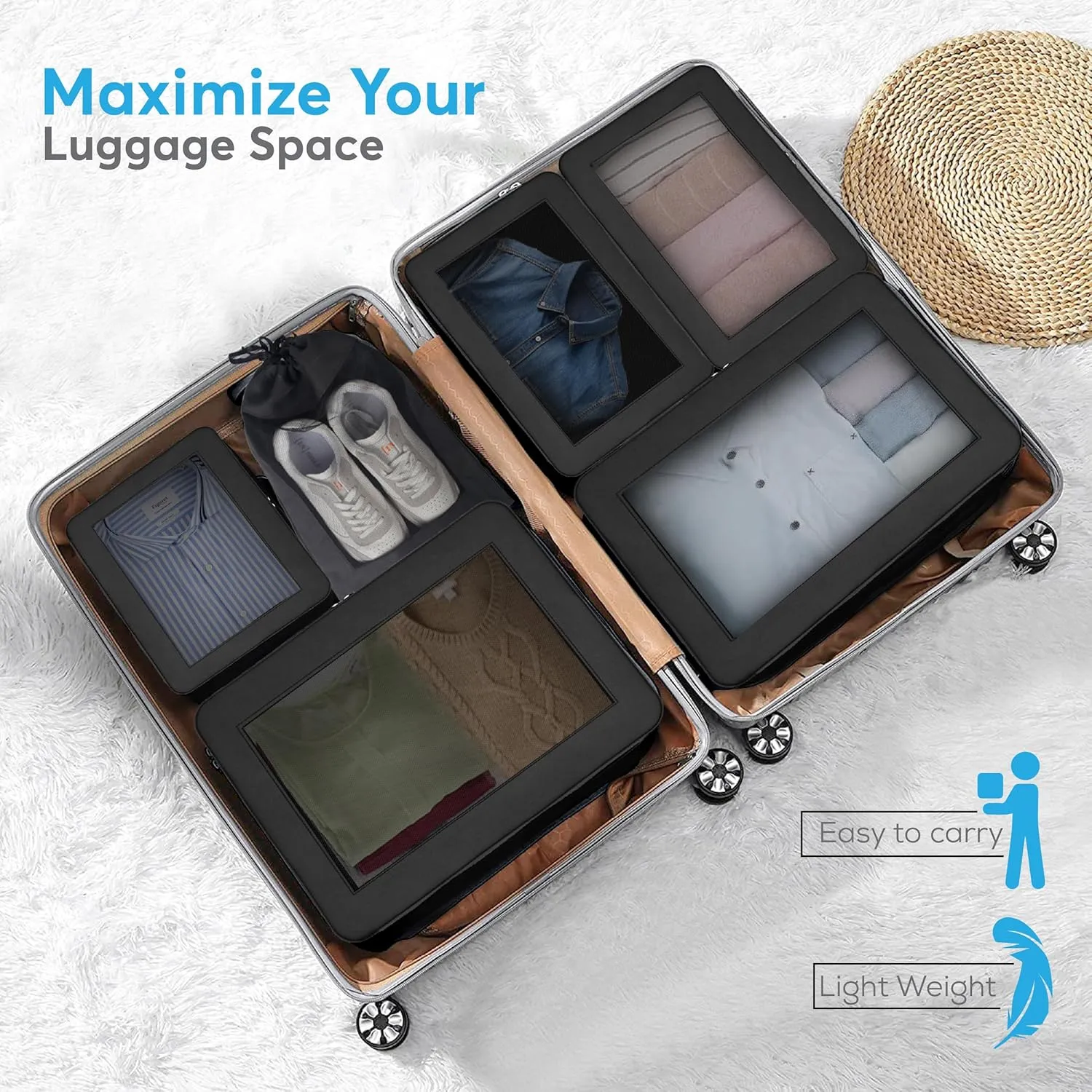 Compression Packing Cubes - Set of 7 Lightweight Packing Cubes Compression for Suitcase Organizer - Maximize Your Luggage Space with Our Travel Organizer Included Drawstring Bag (Black)