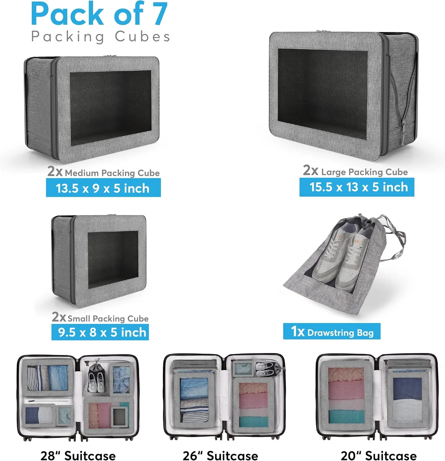 Compression Packing Cubes - Set of 7 Lightweight Packing Cubes Compression for Suitcase Organizer - Maximize Your Luggage Space with Our Travel Organizer Included Drawstring Bag (Grey)