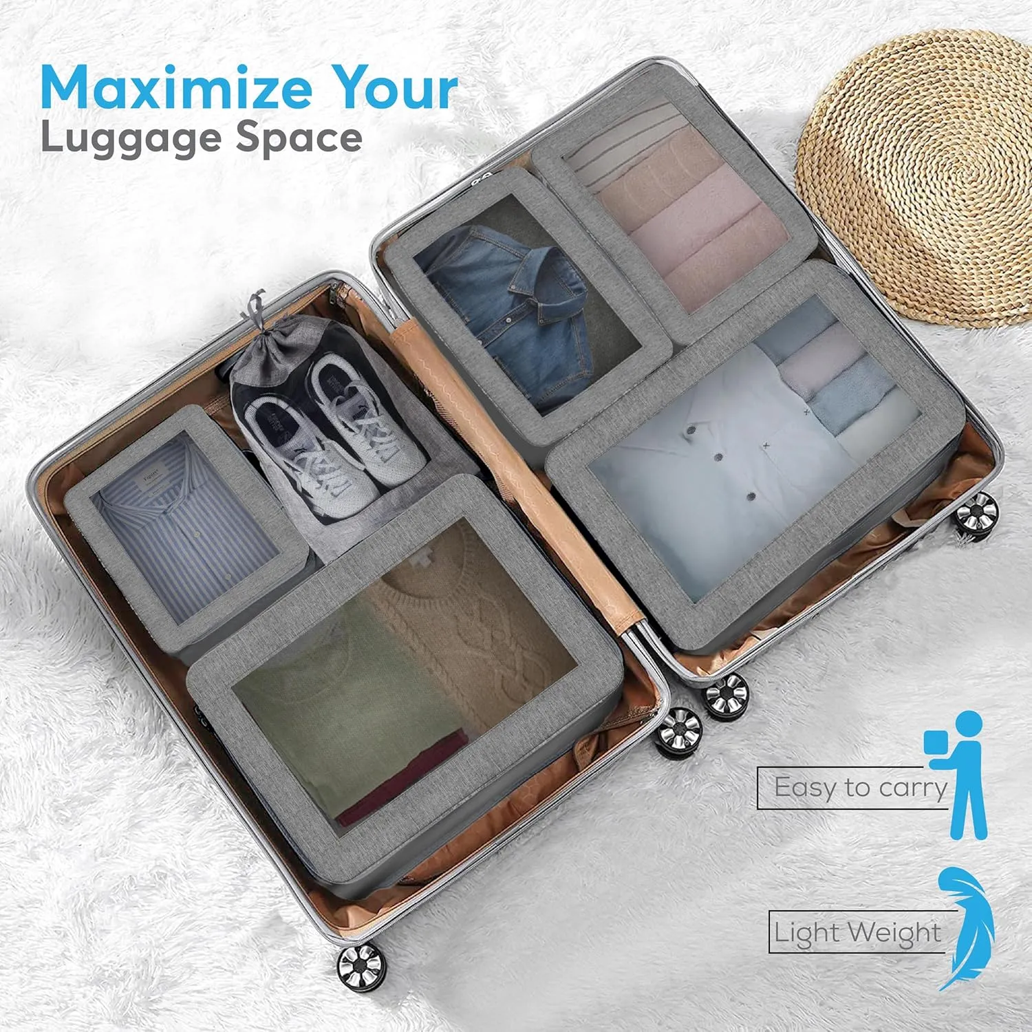 Compression Packing Cubes - Set of 7 Lightweight Packing Cubes Compression for Suitcase Organizer - Maximize Your Luggage Space with Our Travel Organizer Included Drawstring Bag (Grey)