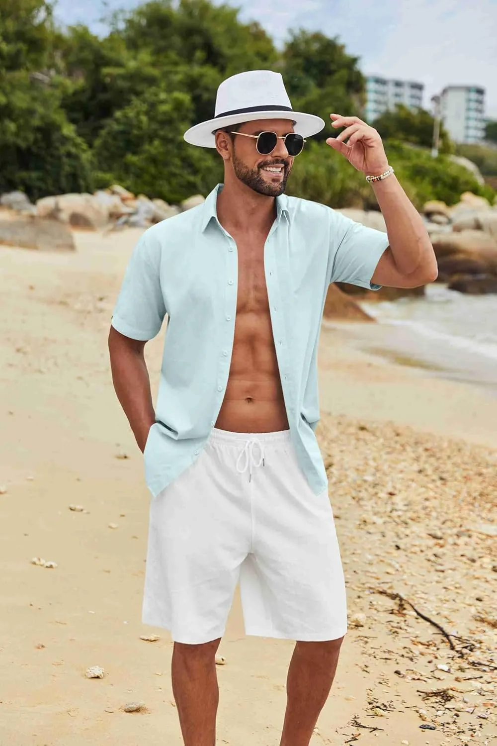 COOFANDY Men's Button Down Shirts Short Sleeve Casual Cotton Shirts Summer Beach Wedding Shirts