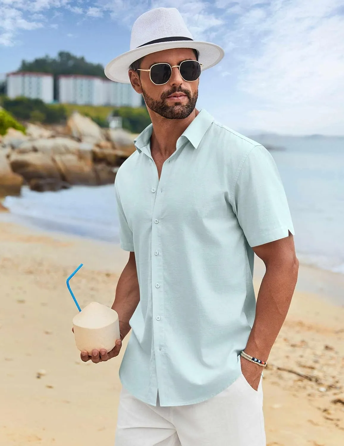 COOFANDY Men's Button Down Shirts Short Sleeve Casual Cotton Shirts Summer Beach Wedding Shirts