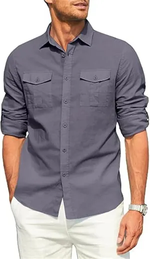 Cotton Linen Shirt for Man Button Down V Neck Casual Loose Regular Fit Solid Tops Vacation Beach Blouses with Pockets