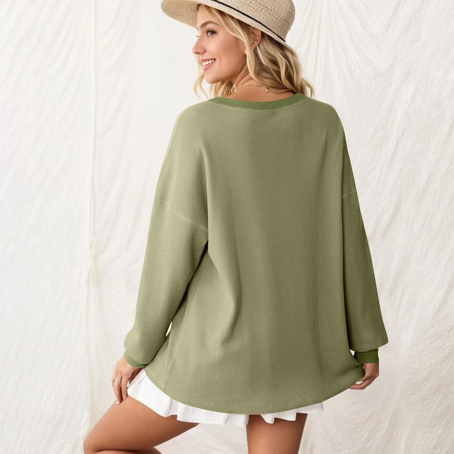 Crew Neck Sweatshirts Women Long Sleeve Waffle Knit Tops 2024 Fall Fashion Oversized Pullover Sweater Teacher Shirts