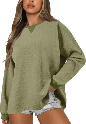 Crew Neck Sweatshirts Women Long Sleeve Waffle Knit Tops 2024 Fall Fashion Oversized Pullover Sweater Teacher Shirts