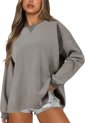 Crew Neck Sweatshirts Women Long Sleeve Waffle Knit Tops 2024 Fall Fashion Oversized Pullover Sweater Teacher Shirts
