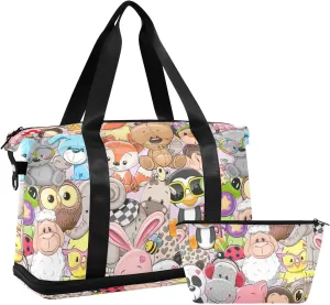 Cute Cartoon Animals Athletic Bag Expandable Travel Bags for Women Carry on with Shoes Compartment