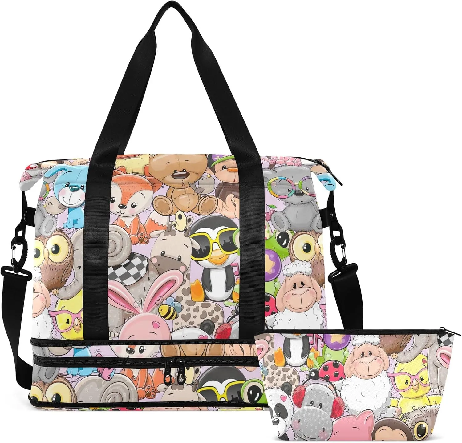 Cute Cartoon Animals Athletic Bag Expandable Travel Bags for Women Carry on with Shoes Compartment