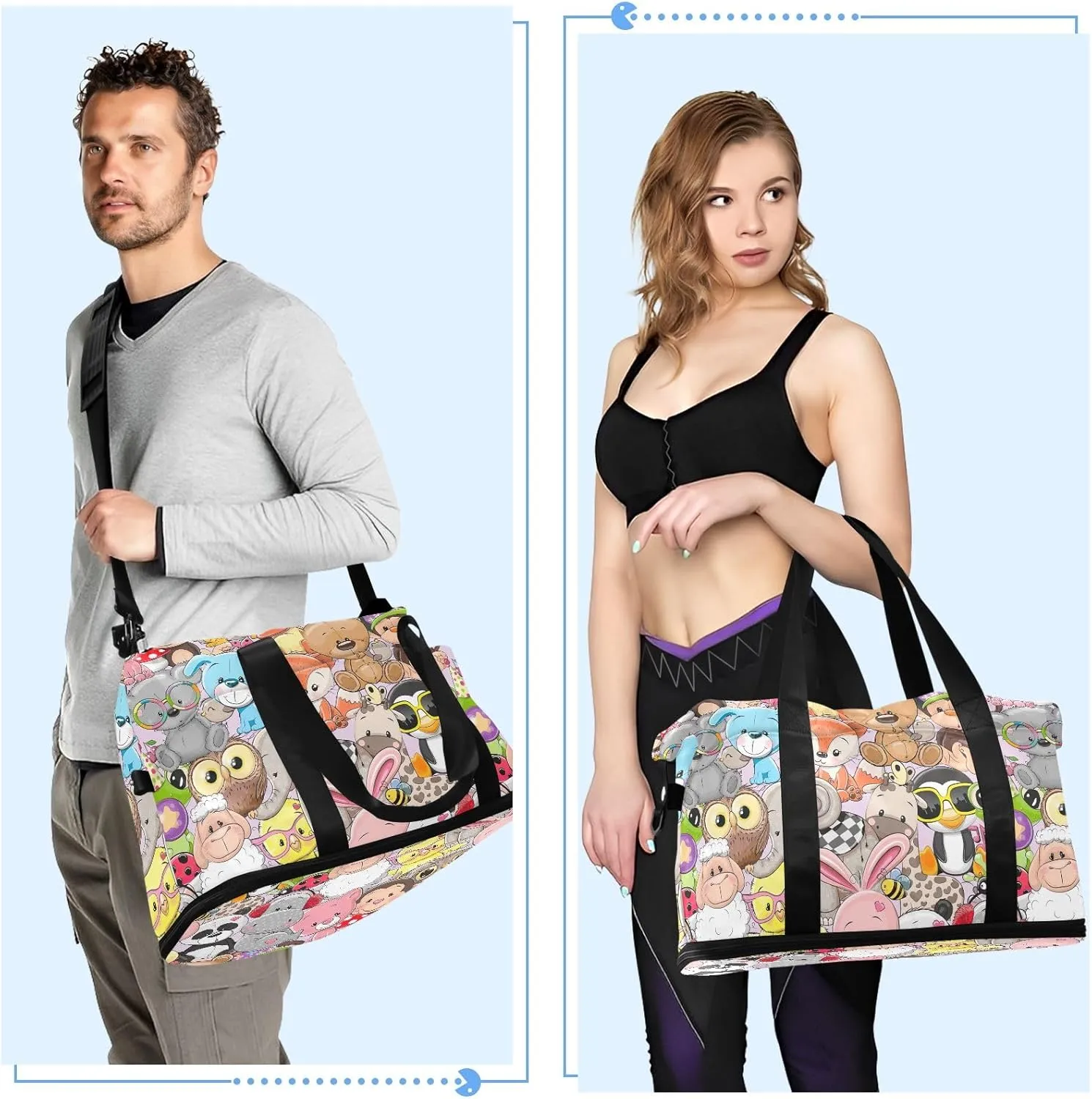 Cute Cartoon Animals Athletic Bag Expandable Travel Bags for Women Carry on with Shoes Compartment