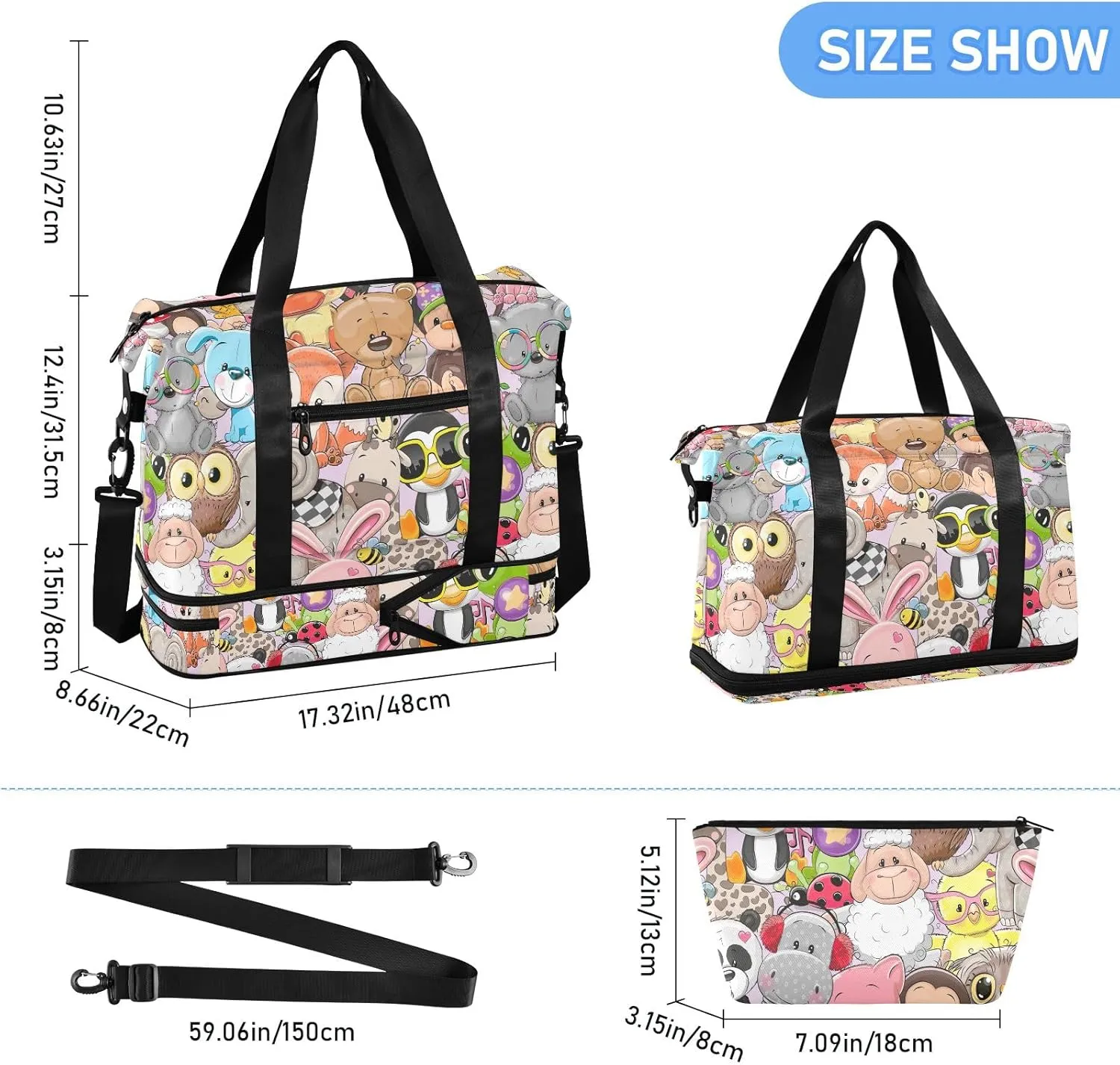 Cute Cartoon Animals Athletic Bag Expandable Travel Bags for Women Carry on with Shoes Compartment