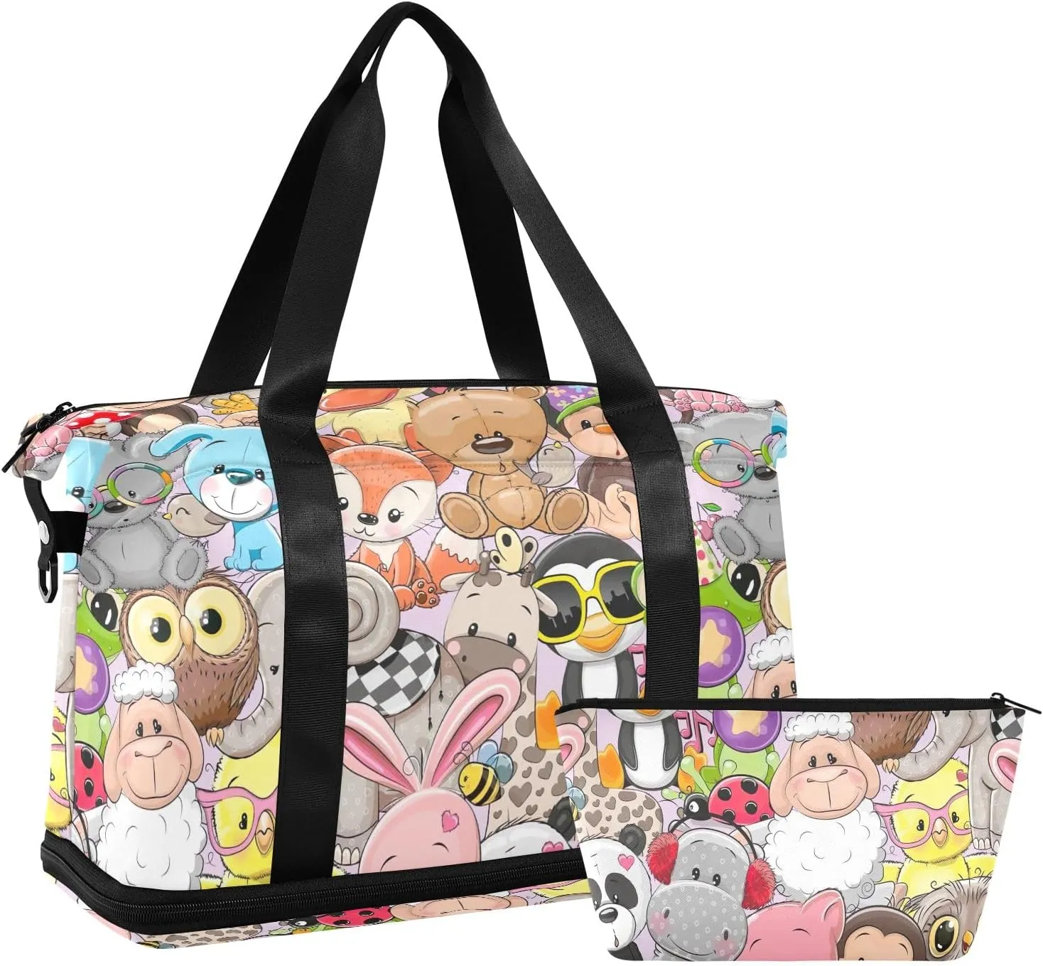 Cute Cartoon Animals Athletic Bag Expandable Travel Bags for Women Carry on with Shoes Compartment