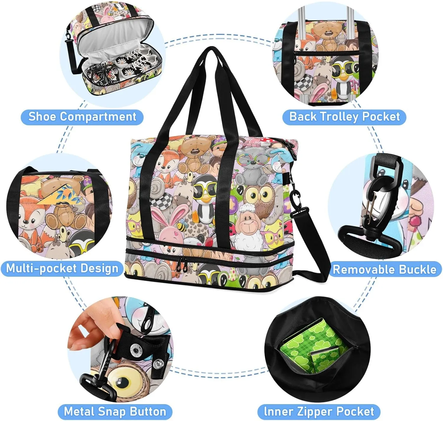 Cute Cartoon Animals Athletic Bag Expandable Travel Bags for Women Carry on with Shoes Compartment