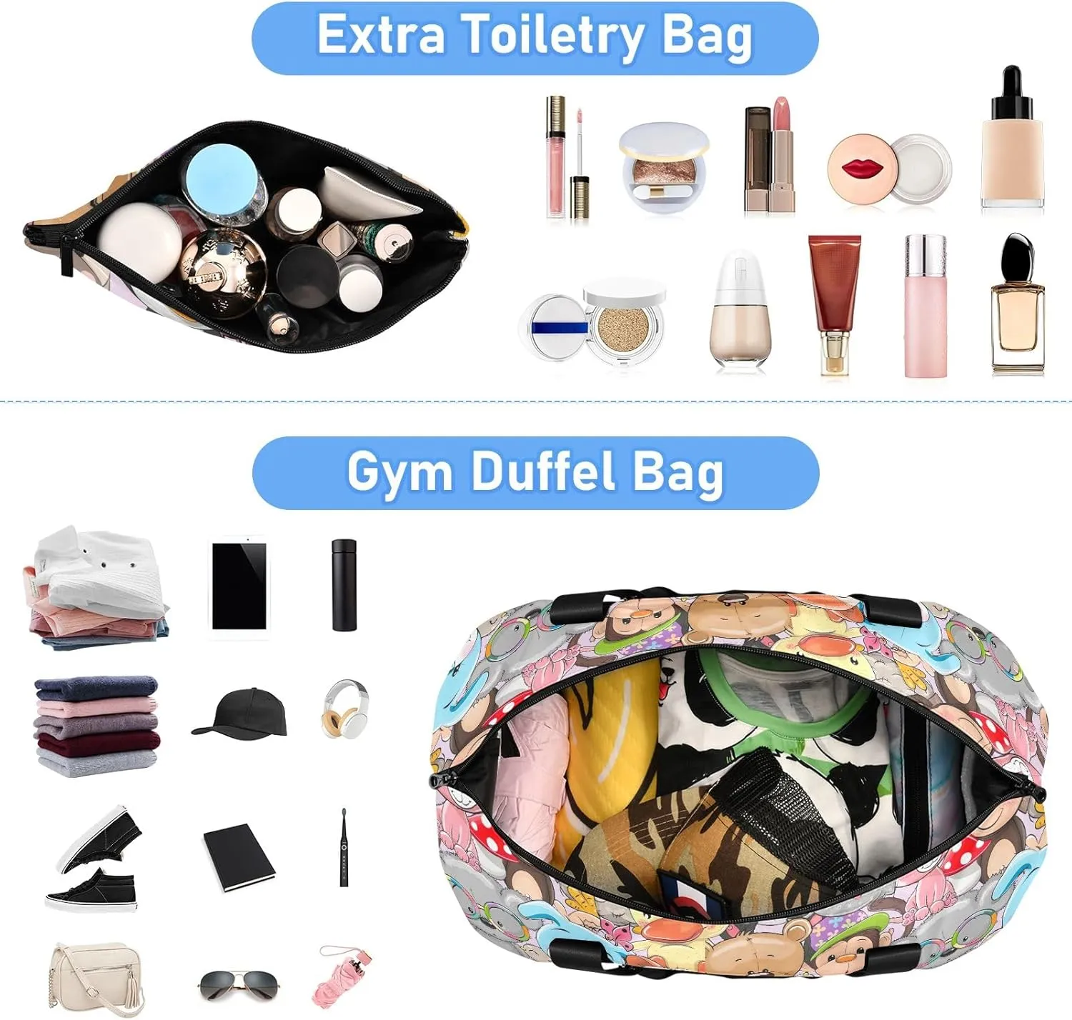 Cute Cartoon Animals Athletic Bag Expandable Travel Bags for Women Carry on with Shoes Compartment