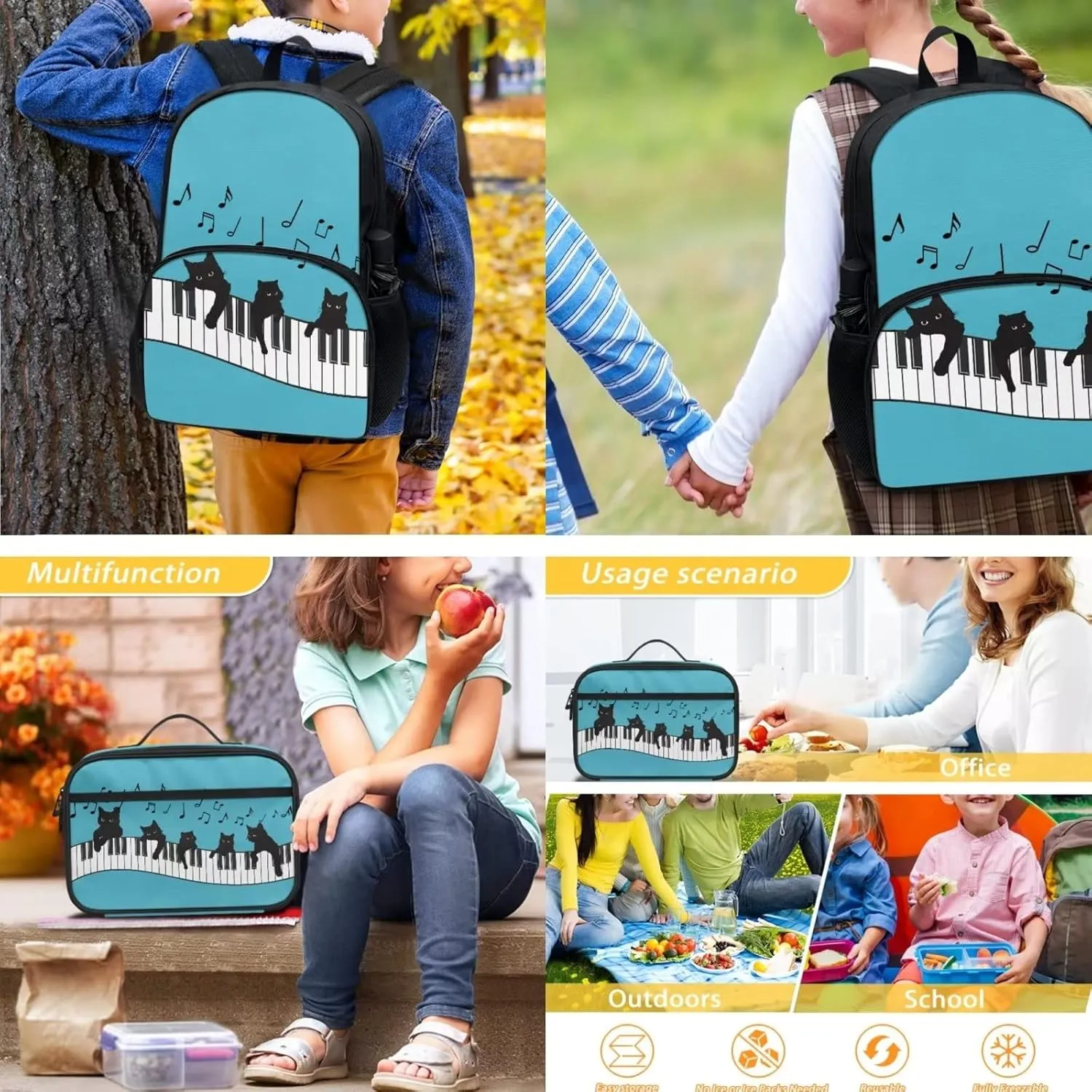 Cute Musical Cat School Backpack for Kids Girls Boys School Supplies for Primary Secondary College School Students Schoolbag and Leak Proof Insulated Lunch Bags with Front Zip Pocket