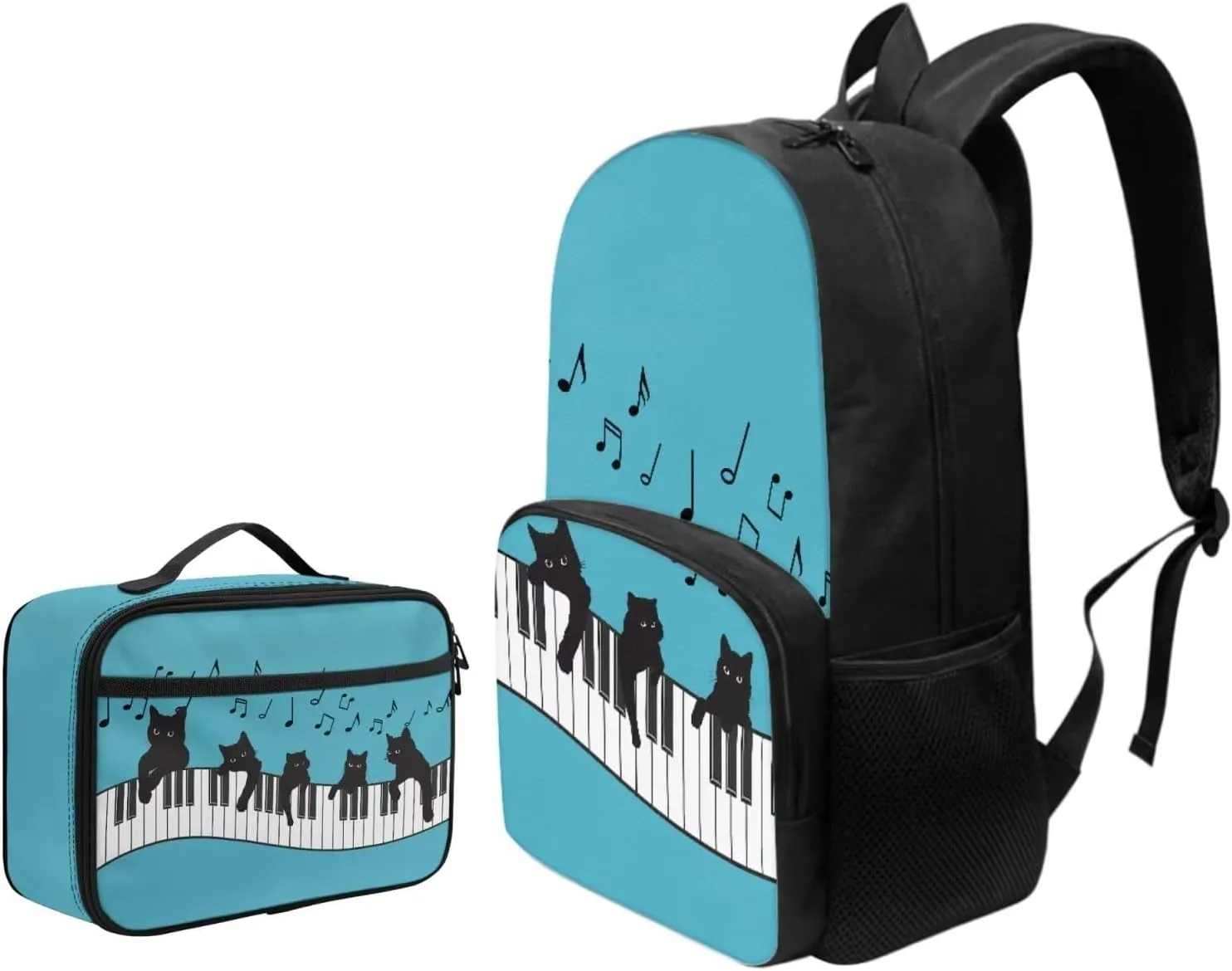 Cute Musical Cat School Backpack for Kids Girls Boys School Supplies for Primary Secondary College School Students Schoolbag and Leak Proof Insulated Lunch Bags with Front Zip Pocket