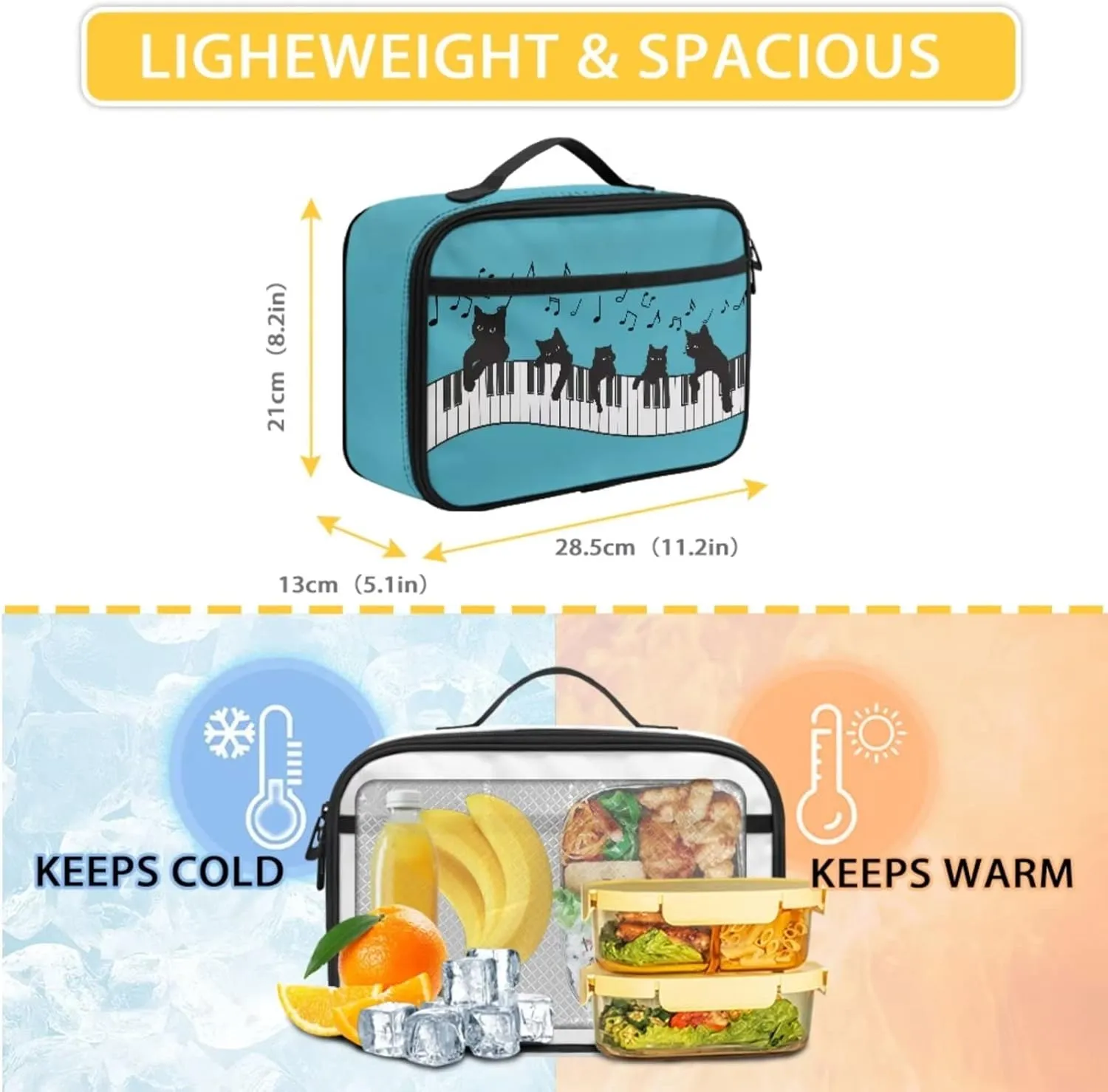 Cute Musical Cat School Backpack for Kids Girls Boys School Supplies for Primary Secondary College School Students Schoolbag and Leak Proof Insulated Lunch Bags with Front Zip Pocket