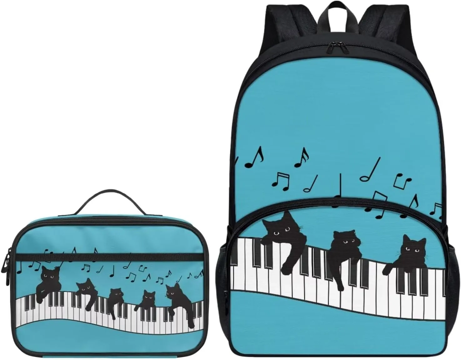 Cute Musical Cat School Backpack for Kids Girls Boys School Supplies for Primary Secondary College School Students Schoolbag and Leak Proof Insulated Lunch Bags with Front Zip Pocket