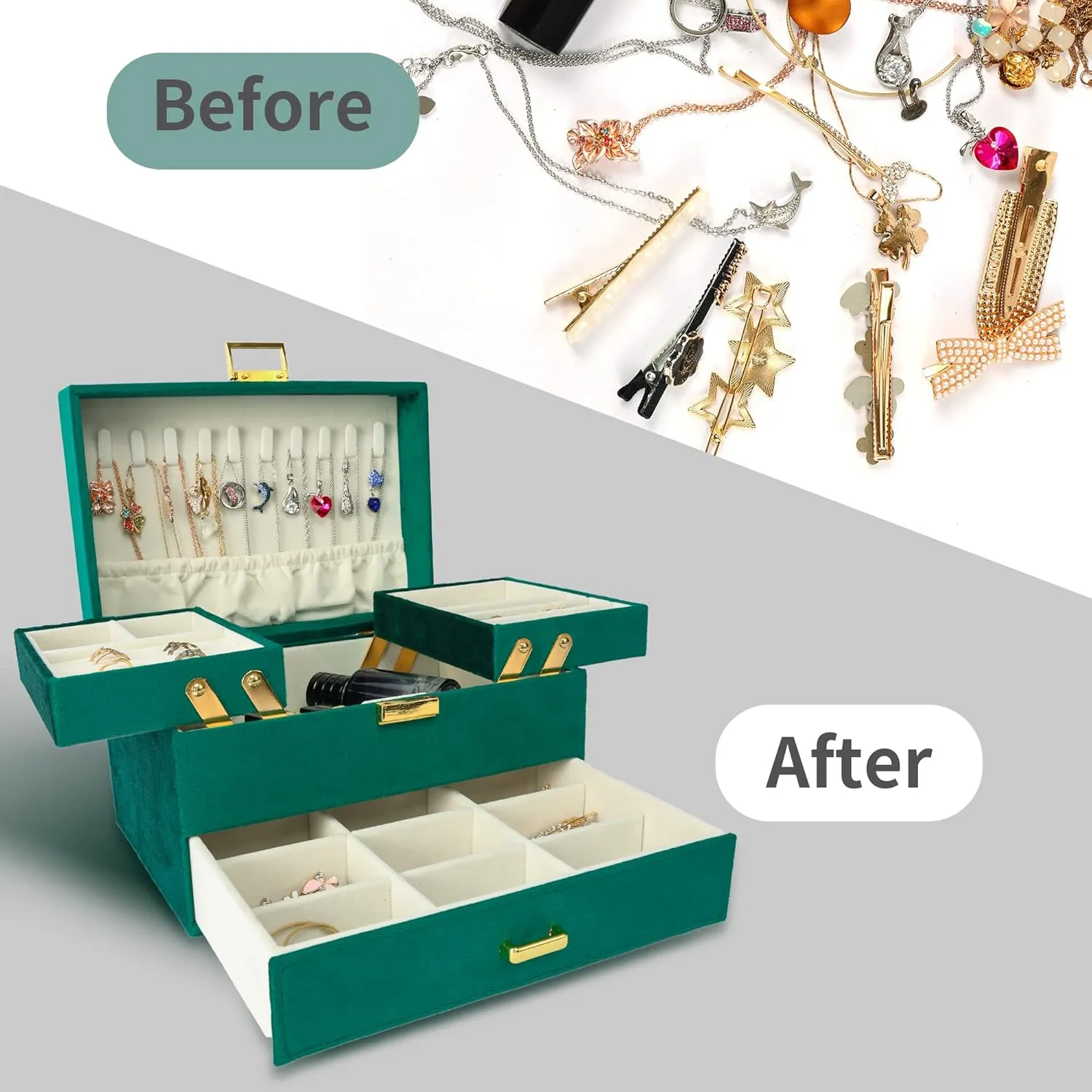 Dajasan Jewelry Box for Women, 3 Layers Large Velvet Jewelry Organizer, Jewelry Storage Organizer, Jewelry Case for Earring, Ring, Necklace, Bracelets (Green)