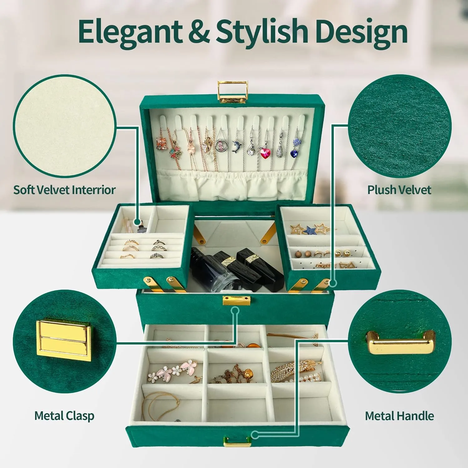 Dajasan Jewelry Box for Women, 3 Layers Large Velvet Jewelry Organizer, Jewelry Storage Organizer, Jewelry Case for Earring, Ring, Necklace, Bracelets (Green)