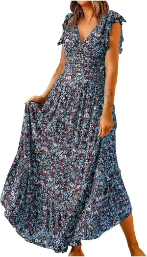 DDAPJ pyju Womens Bohemian Skirt Sets Ruffle Sleeve V Neck Crop Top High Waist Maxi Skirts 2 Piece Beach Vacation Outfits