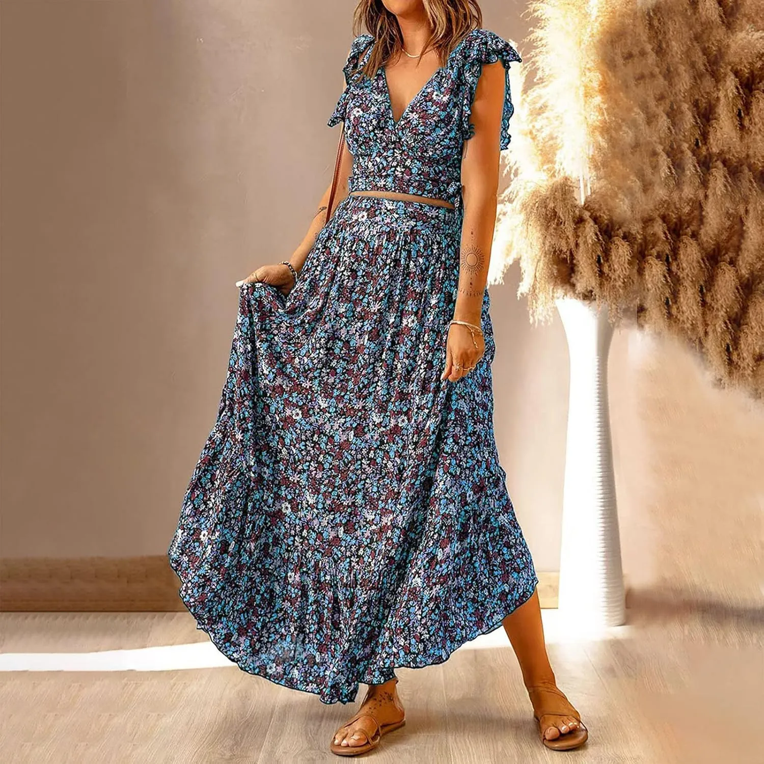 DDAPJ pyju Womens Bohemian Skirt Sets Ruffle Sleeve V Neck Crop Top High Waist Maxi Skirts 2 Piece Beach Vacation Outfits