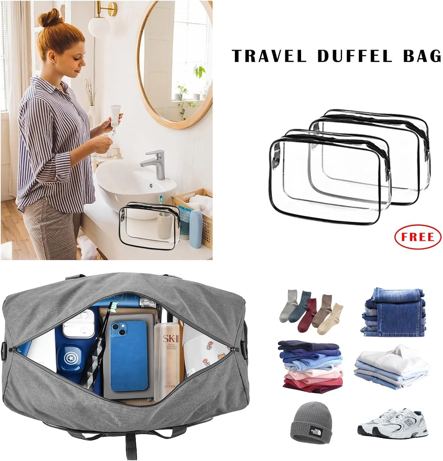 Dimayar 85L Travel Duffle Bag - Foldable Duffel Bag with Shoes Compartment - Overnight Bags Waterproof & Tear Resistant(Gray)