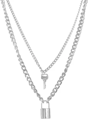 Double Layered Lock Key Necklaces,Long Metal Multi-Layered Sweater Necklaces for Women and Men Party Jewelry