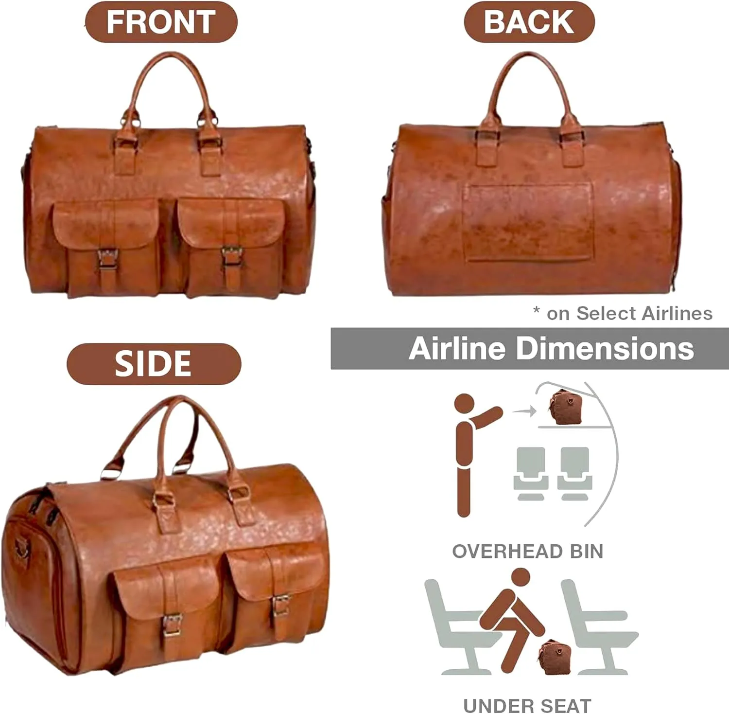 Duffel Bag for Travel: Convertible Duffle Garment Bag Weekender Travel Bag for Men Women, 23" Leather Overnight Carry on Bags with Shoe Compartment (Brown)