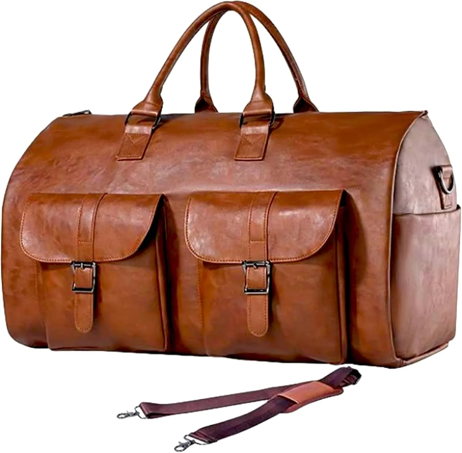 Duffel Bag for Travel: Convertible Duffle Garment Bag Weekender Travel Bag for Men Women, 23" Leather Overnight Carry on Bags with Shoe Compartment (Brown)