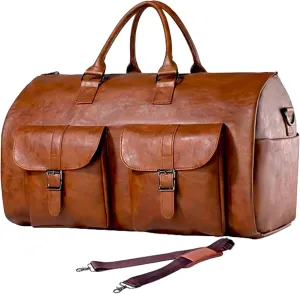 Duffel Bag for Travel: Convertible Duffle Garment Bag Weekender Travel Bag for Men Women, 23" Leather Overnight Carry on Bags with Shoe Compartment (Brown)